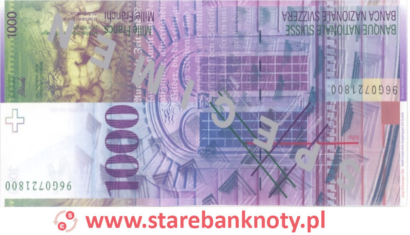 Rewers banknotu 1000 franków CHF z serii 8