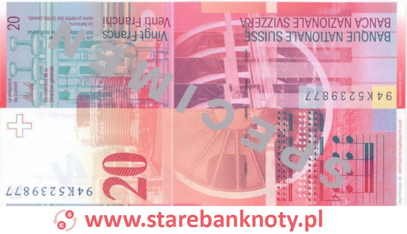 Awers banknotu 20 franków CHF z serii 8