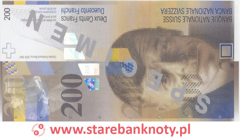 Wygląd wycofanego banknotu 200 franków 8 seria awers