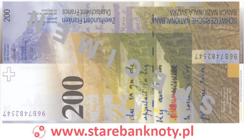 Rewers banknotu 200 franków CHF z serii 8